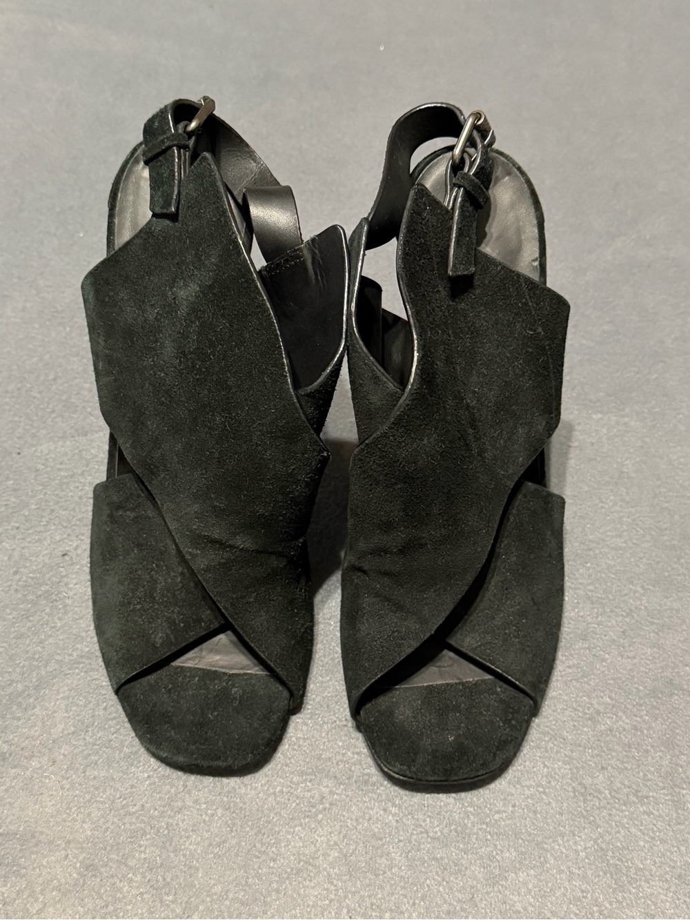 All Saints Ulla Peep Black Suede Peep-Toe Slingback Heels